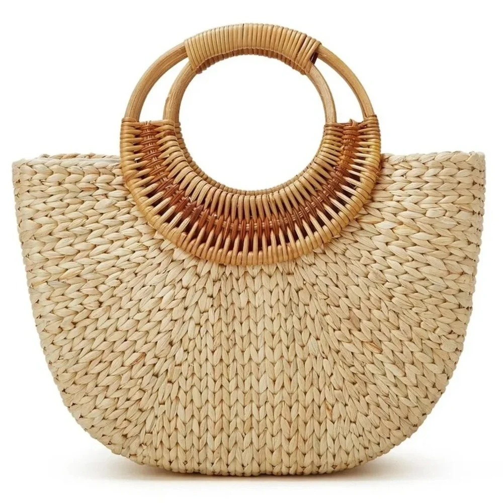 Top Handle Woven Straw Summer Tote Bag - Picture 1 of 11